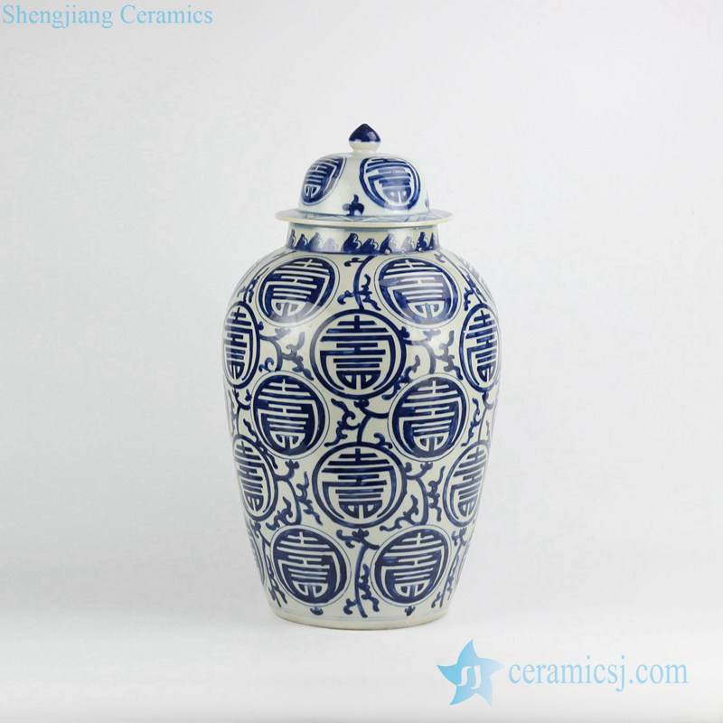 China calligraphy longevity word pattern vintage style blue and white porcelain birthday present jar