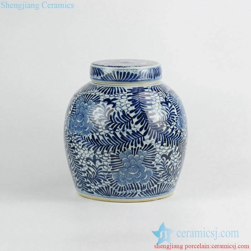 Blue and white handmade tropical floral pattern ceramic urn with flat lid