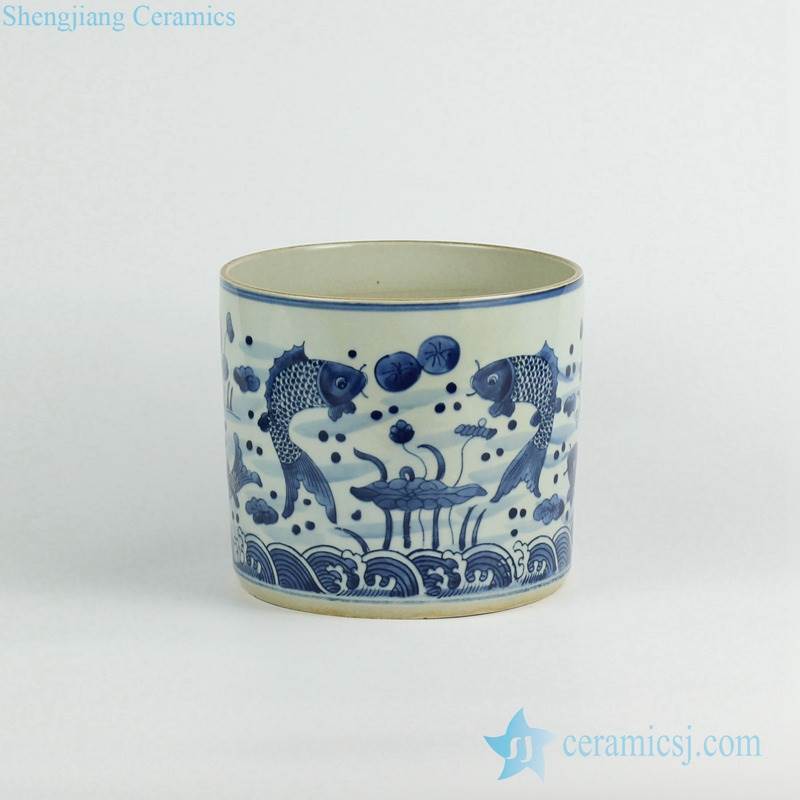 Double carp pattern handmade  blue and white tubular ceramic vase