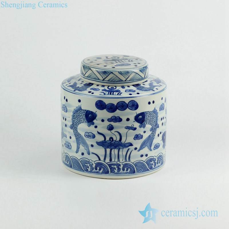  blue and white couple fish hand drawing porcelain coffee bean container jar