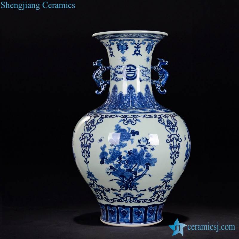  blue and white hand paint floral pattern ceramic vase with dragon handles