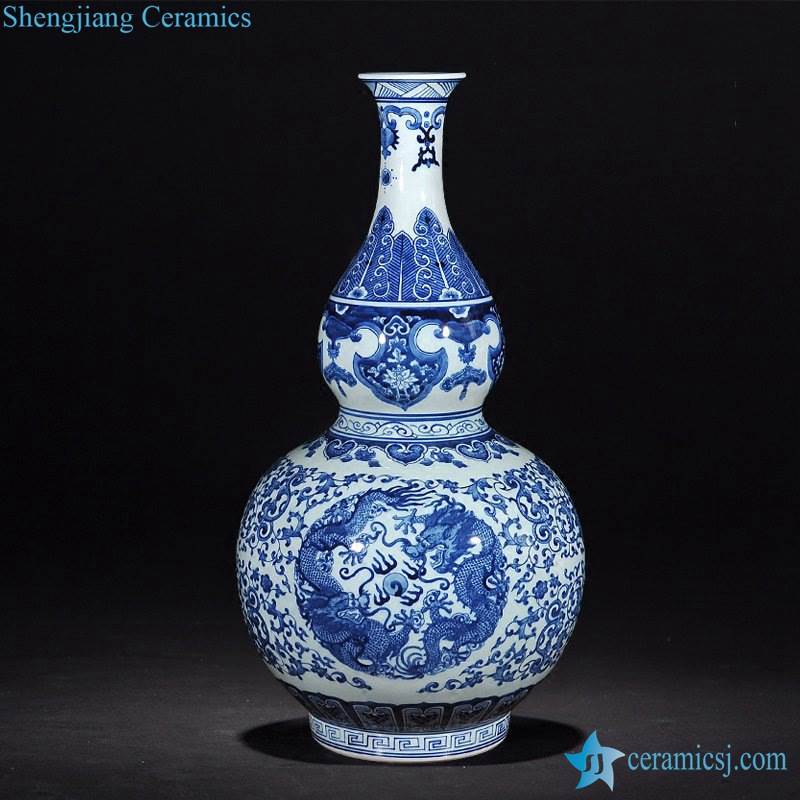 Blue and white hand-painting  double dragon pattern JDZ factory direct sale calabash ceramic flower vase
