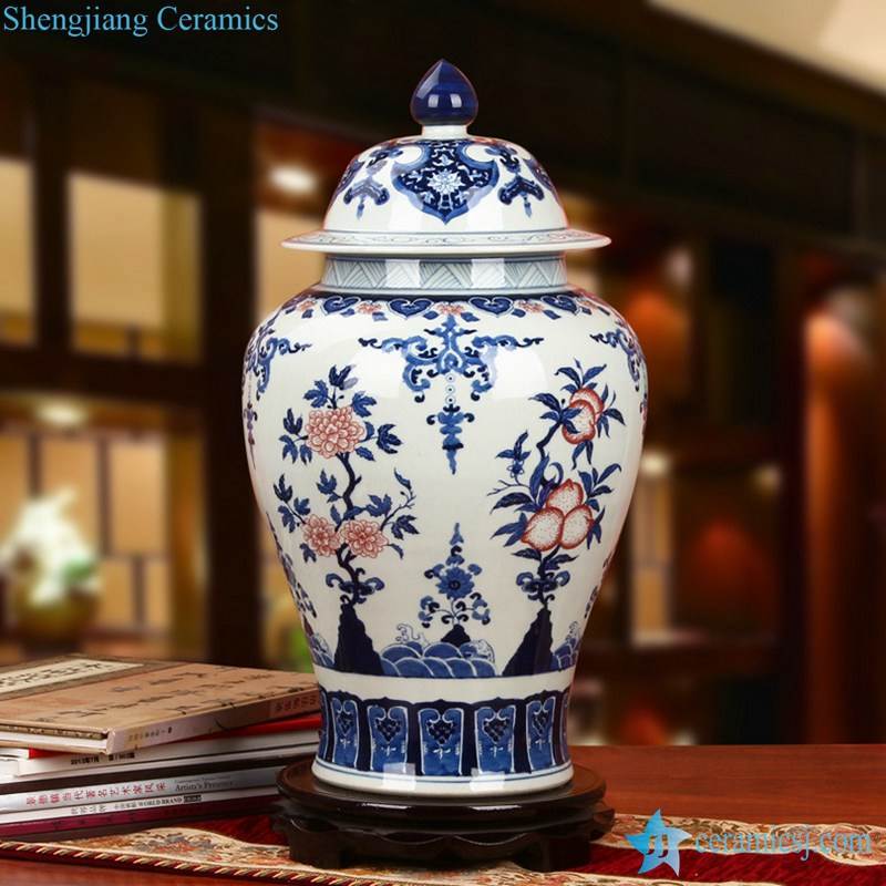 Famous china city Jingdezhen local produced blue and white jar with red floral and peach pattern