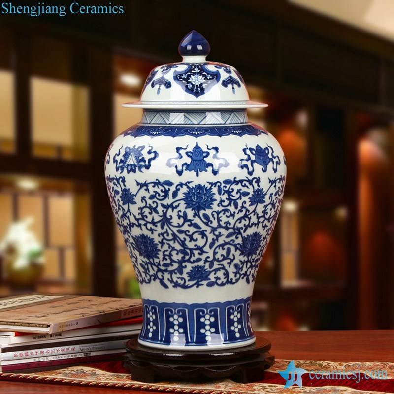High quality elegant blue and white eight treasures pattern Jingdezhen Shengjiang company handpicked ceramic ginger jar