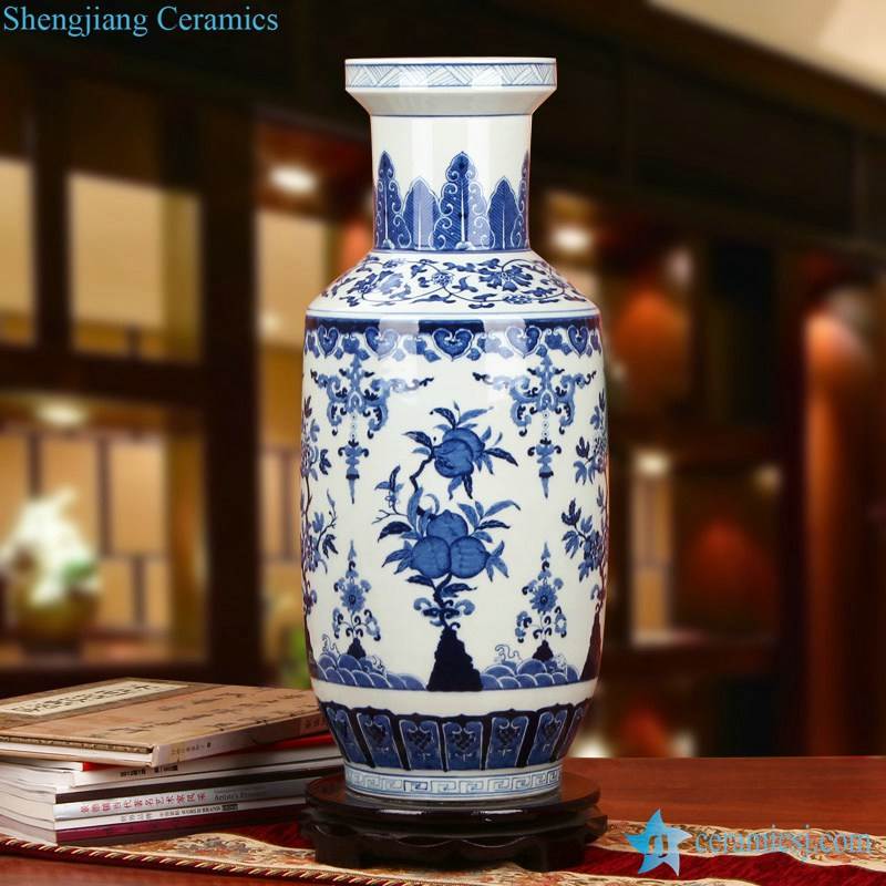 blue and white hand-painting  peach pattern elephant feet style chinaware flower vase