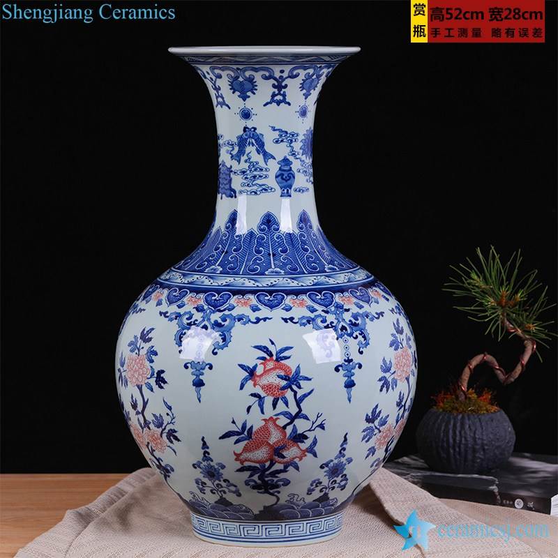 Copper red pomegranate blue and white background home decor porcelain vase