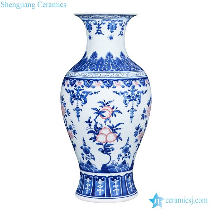  red peach pattern blue and white ceramic art vase