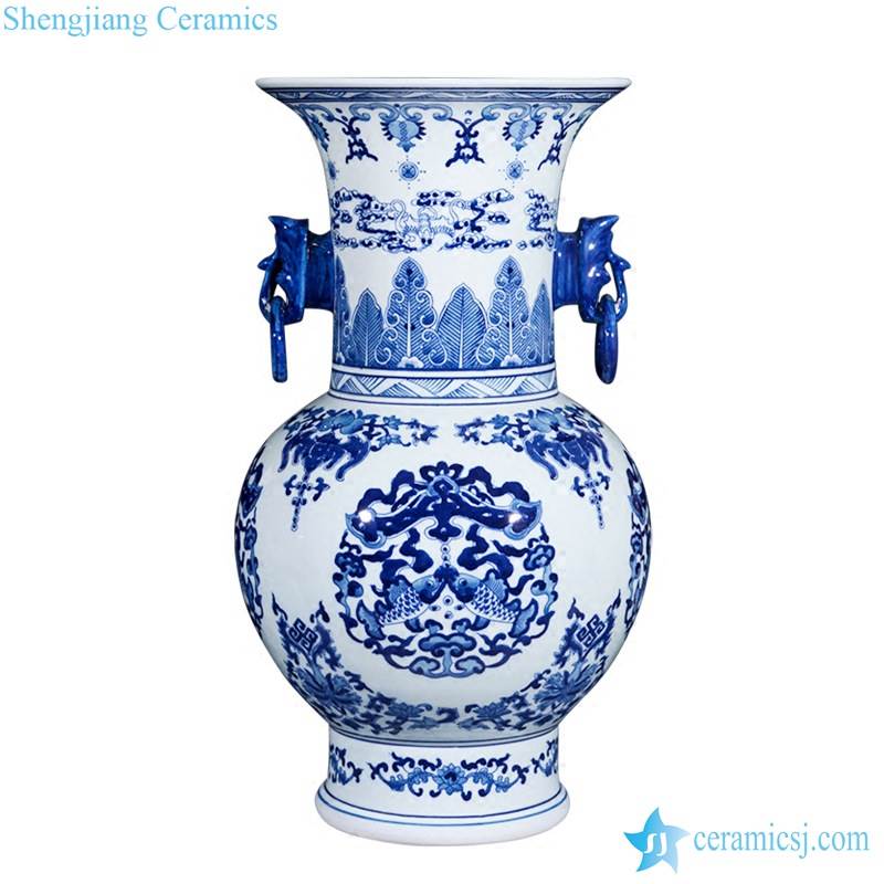  phoenix tail top blue and white double fishes pattern ring handle ceramic luxury vase