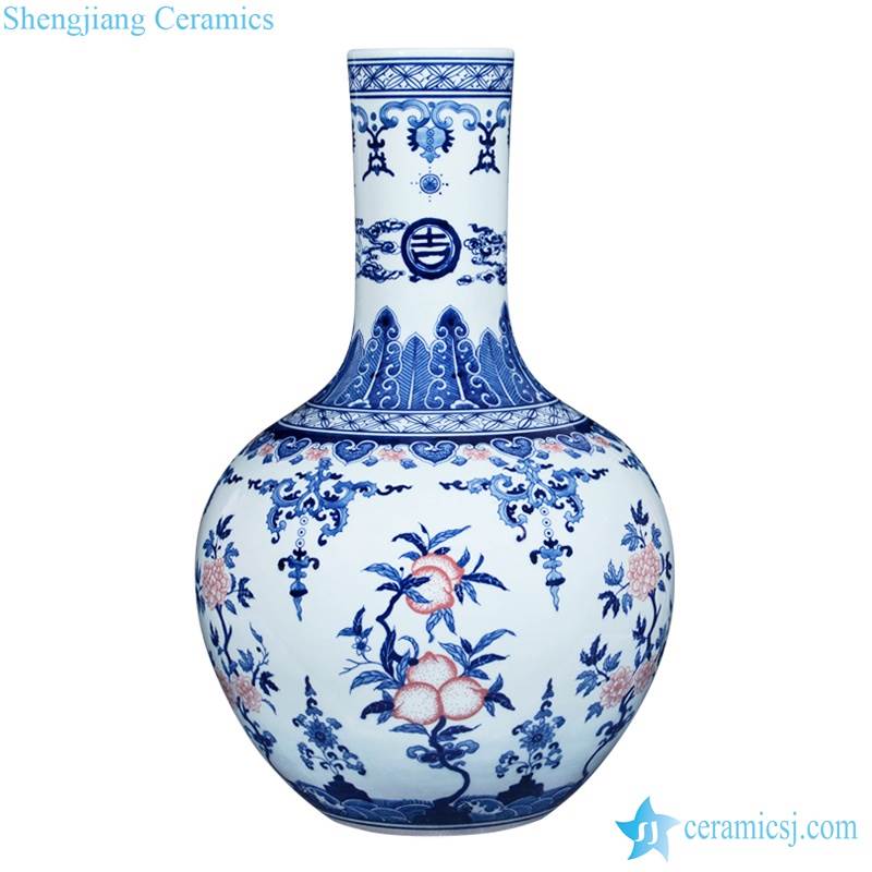 Globular shape handmade  blue and white design with copper red peach pattern porcelain home decor vase