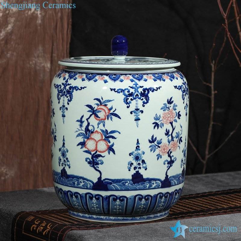 Large capability handmade  blue and white peach style storage ceramic jar
