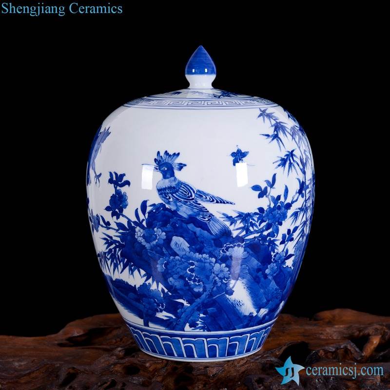 Wild pheasant pattern Jingdezhen handmade  blue and white ceramic candle jar