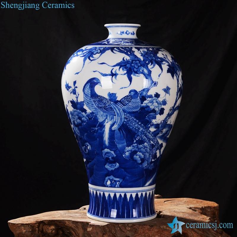 China traditional style elegant blue and white couple pheasant pattern Meiping porcelain floral vase