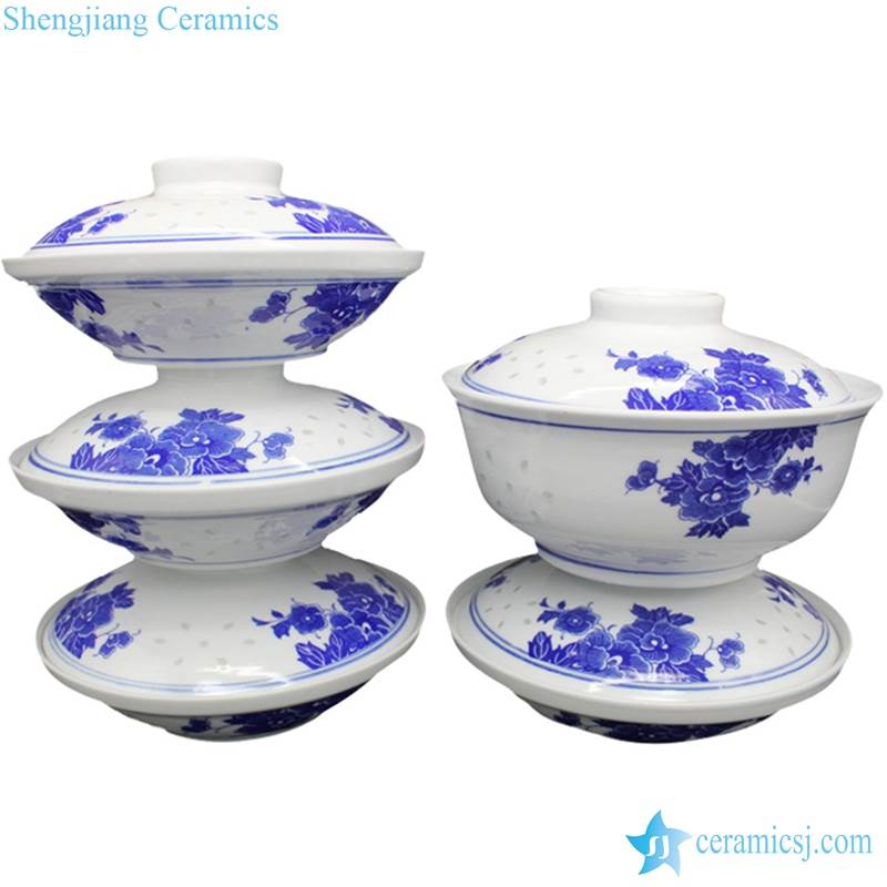 Blue and white transparent rice pattern household daily use ceramic tureen