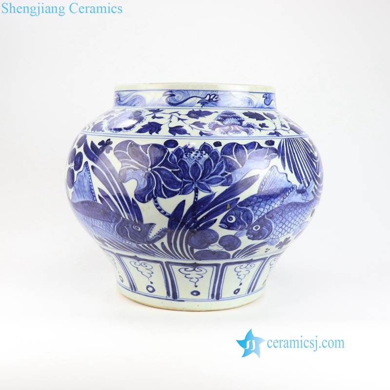 Round shoulder blue and white red Yuan Dynasty hand-painting auction style ceramic pot