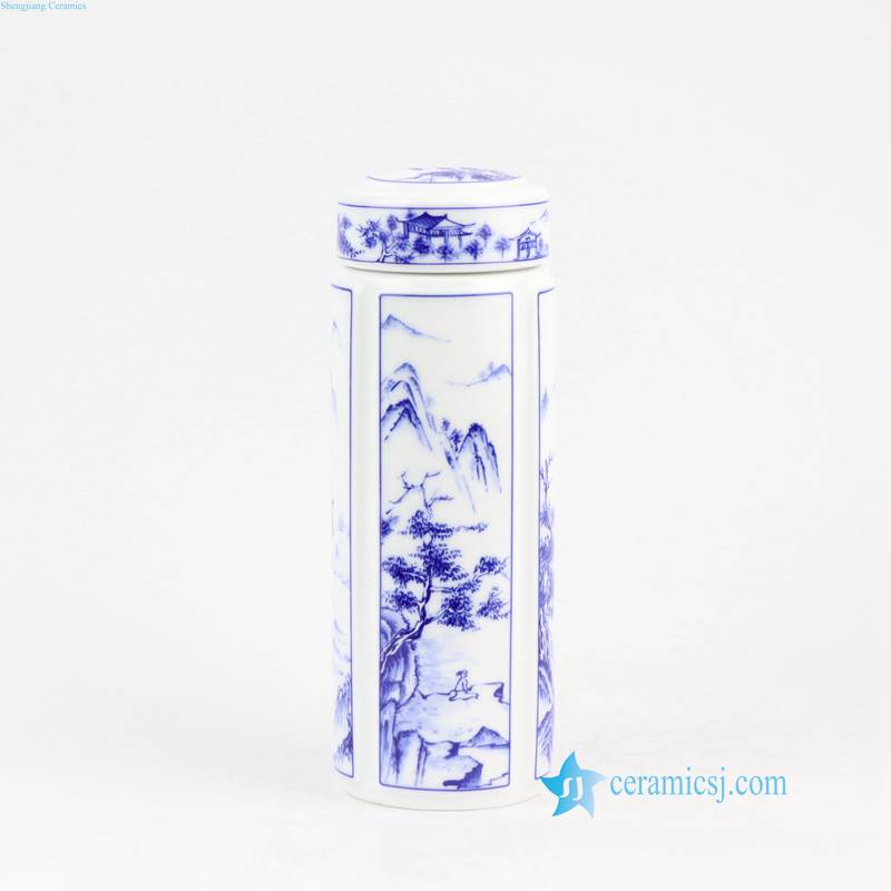 blue and white ceramic thermos tea cup