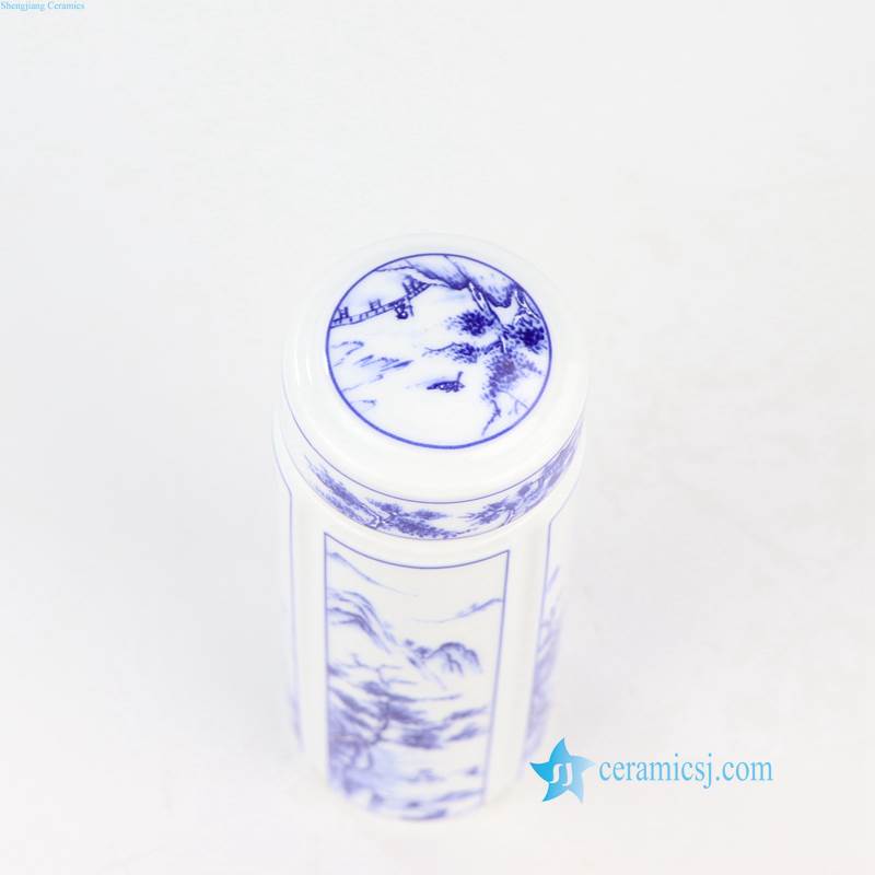 blue and white ceramic thermos tea cup