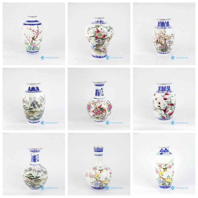 blue and white ceramic vase with colorful pattern