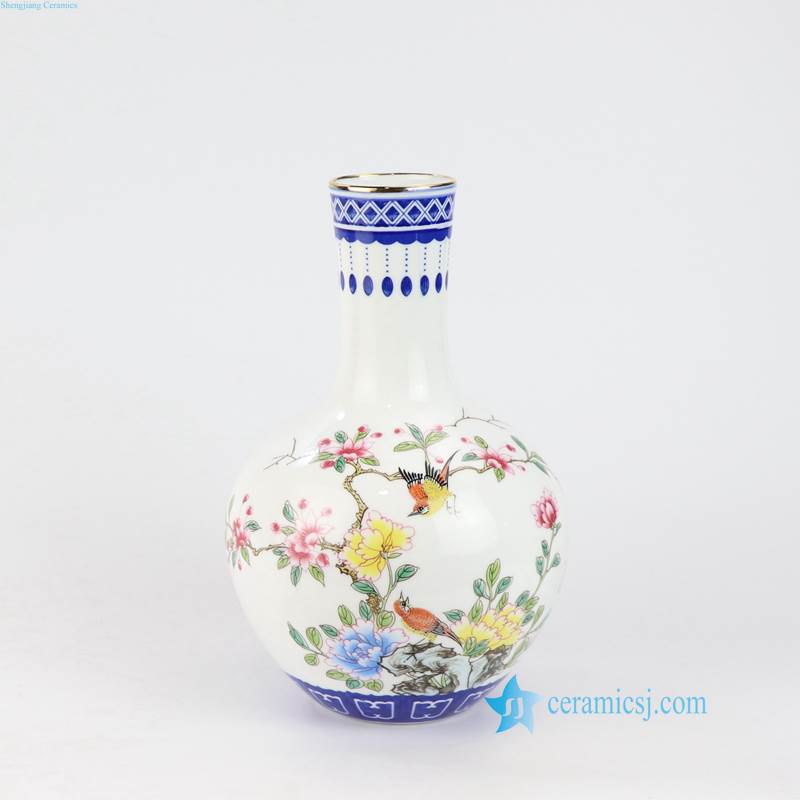 globular shape bird flower pattern porcelain vase