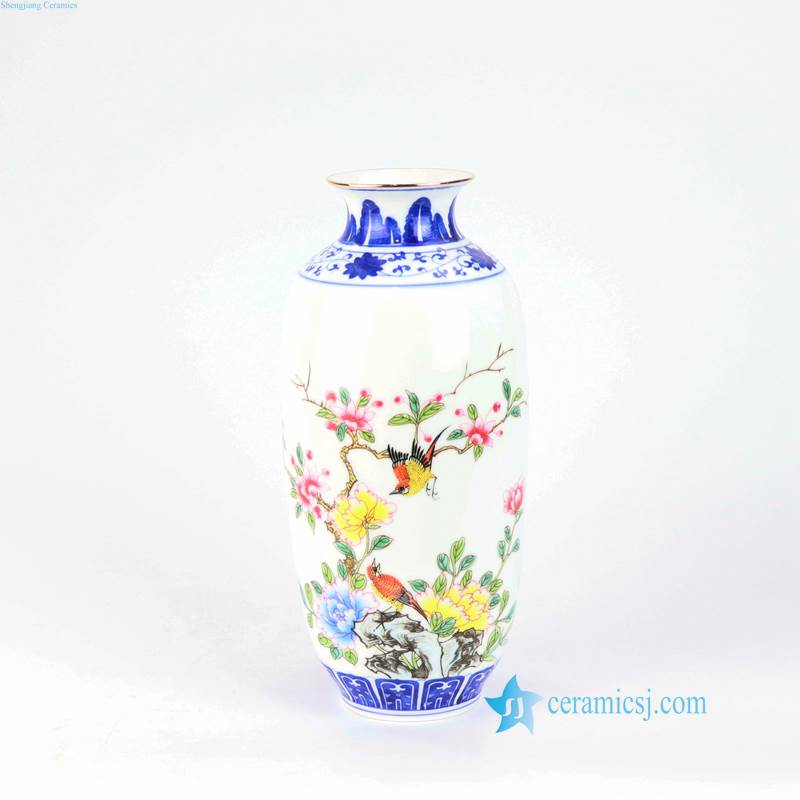 yellow pink flower with bird pattern porcelain vase