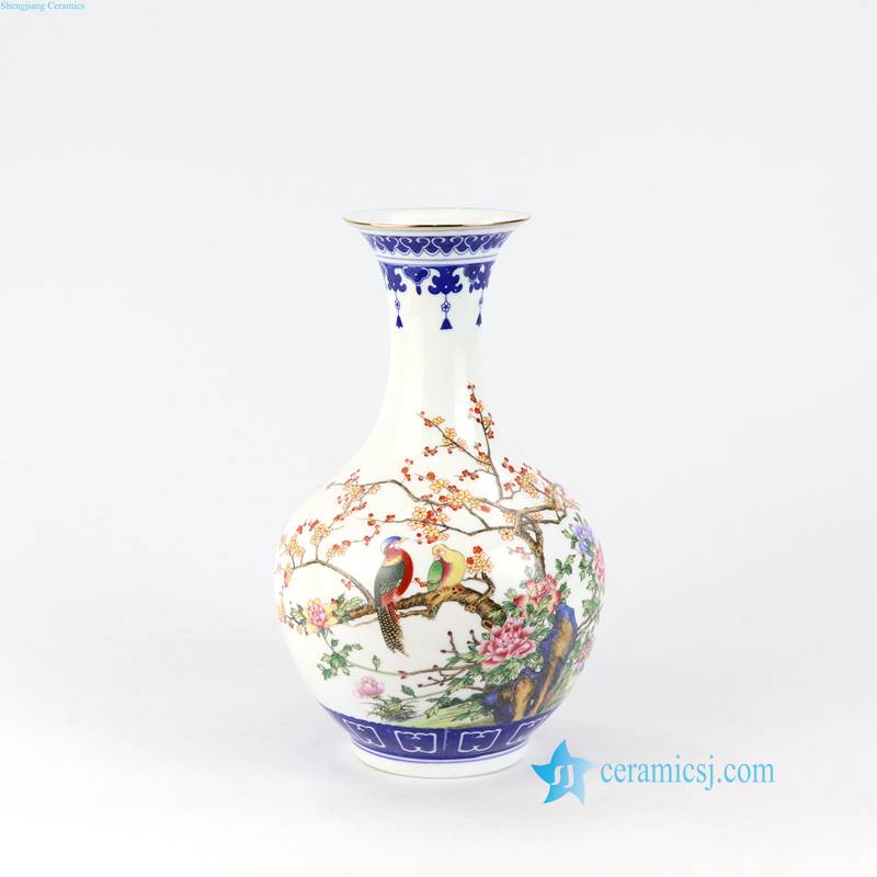 blue rim bird flower pattern ceramiic vase