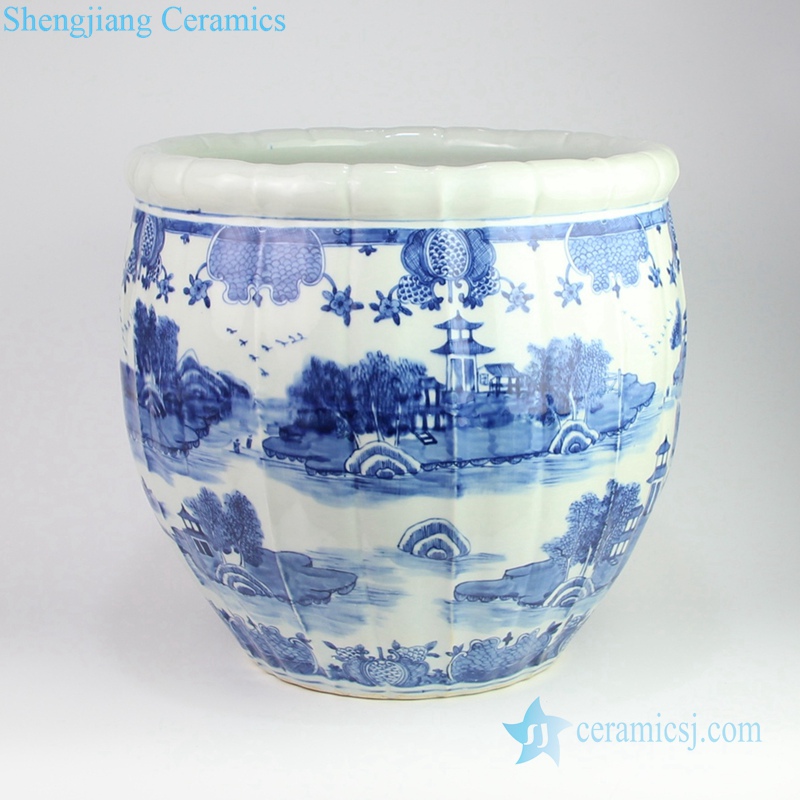 Chinese reigon with river and pavilion  porcelain pot