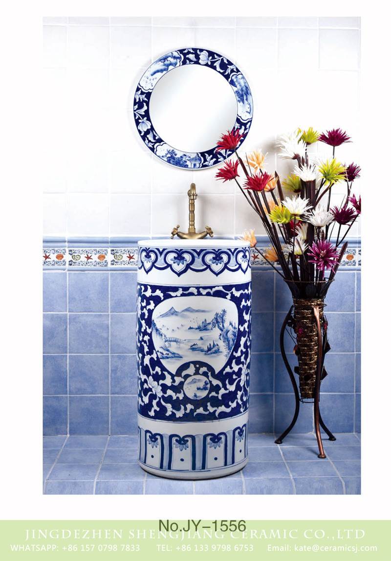 blue and white scenery pattern ceramic pedestal sink