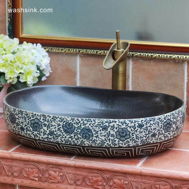 Blue and white flower pattern and carved vortex pattern oval shape  ceramic sink top