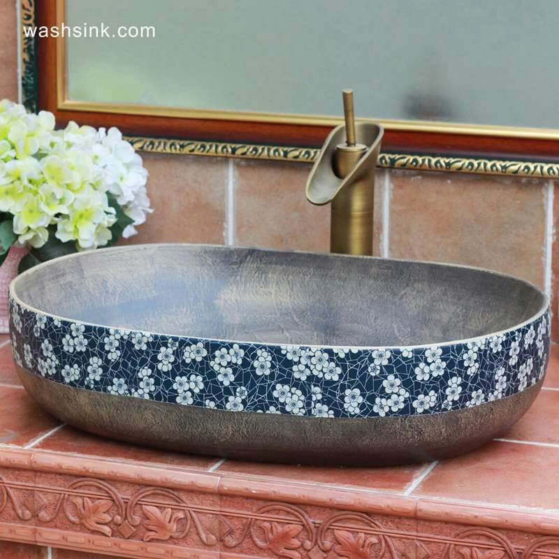  blue and white floral rim oval  bathroom bowl sinks 